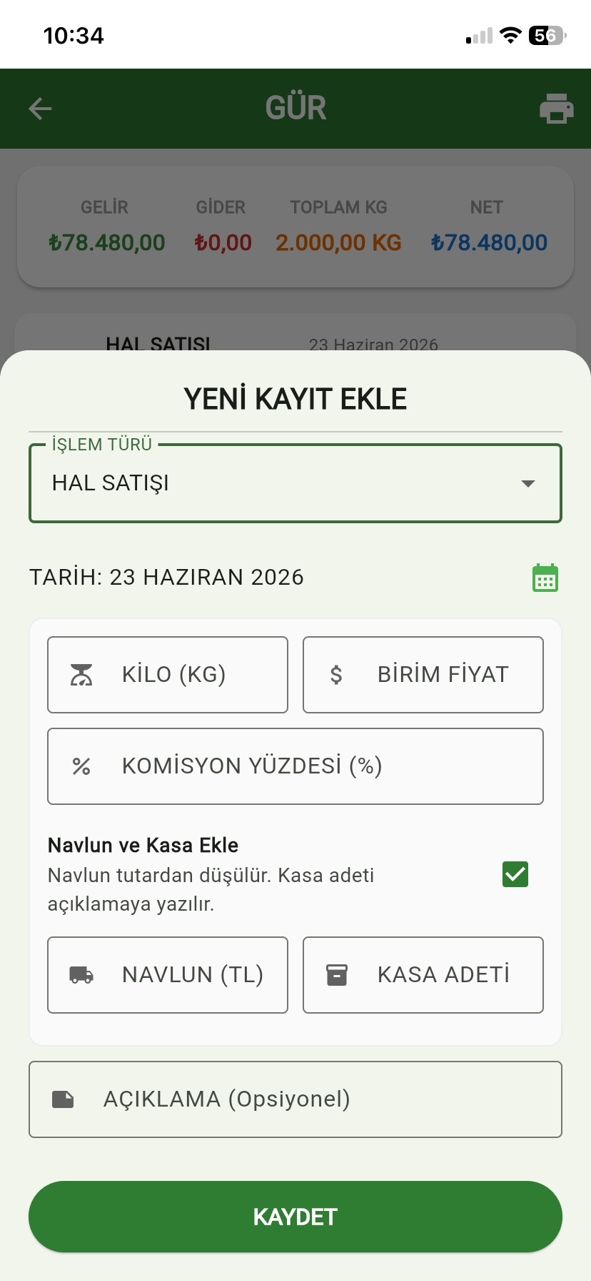 Hal Satışı Ekleme Ekranı